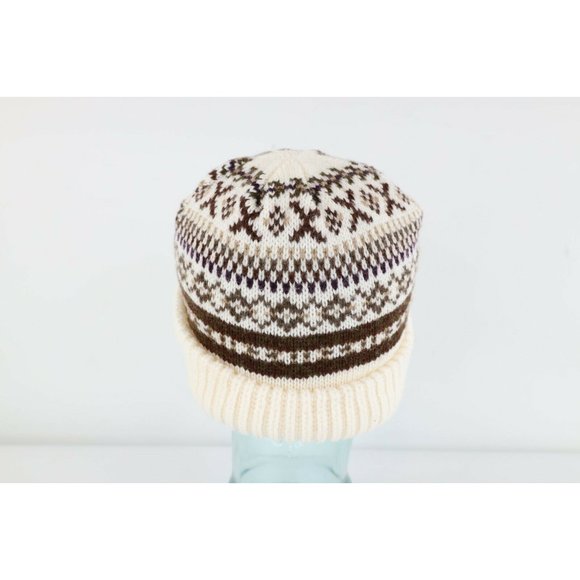 Vintage 90s Rockabilly Fair Isle Print Chunky Knit Winter Beanie Hat Cap Adult